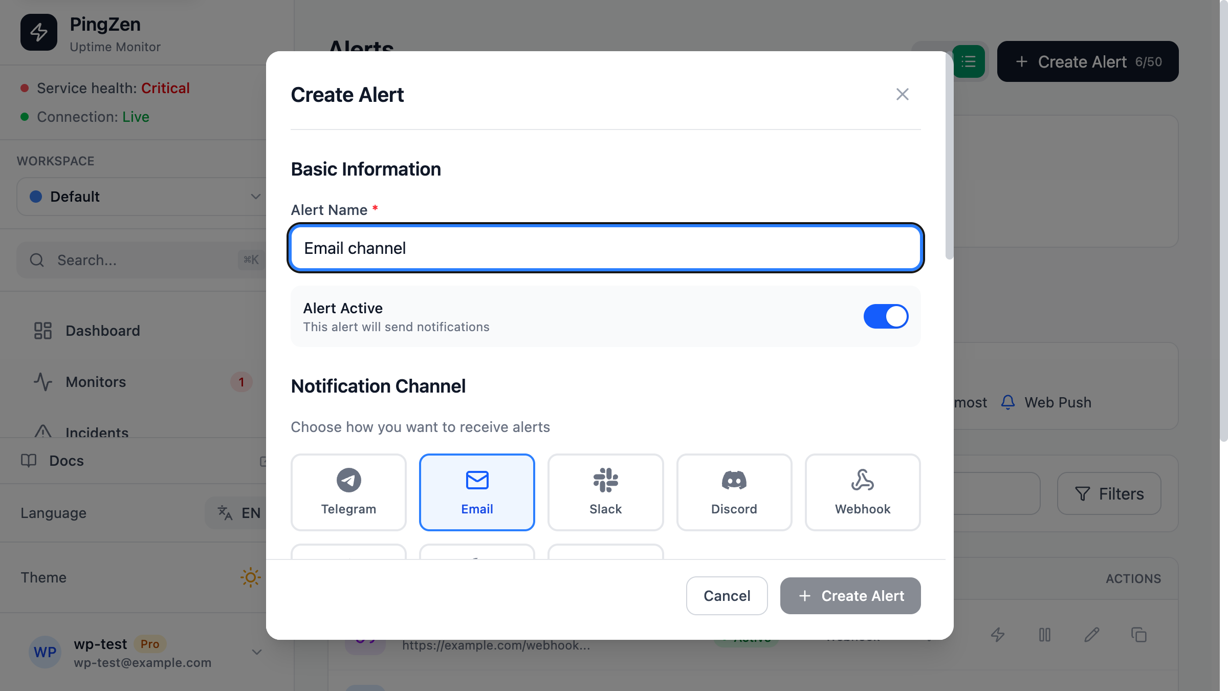 The redesigned Create Alert form: an eight-channel grid, a single recipient field, monitor picker, and grouped triggers
