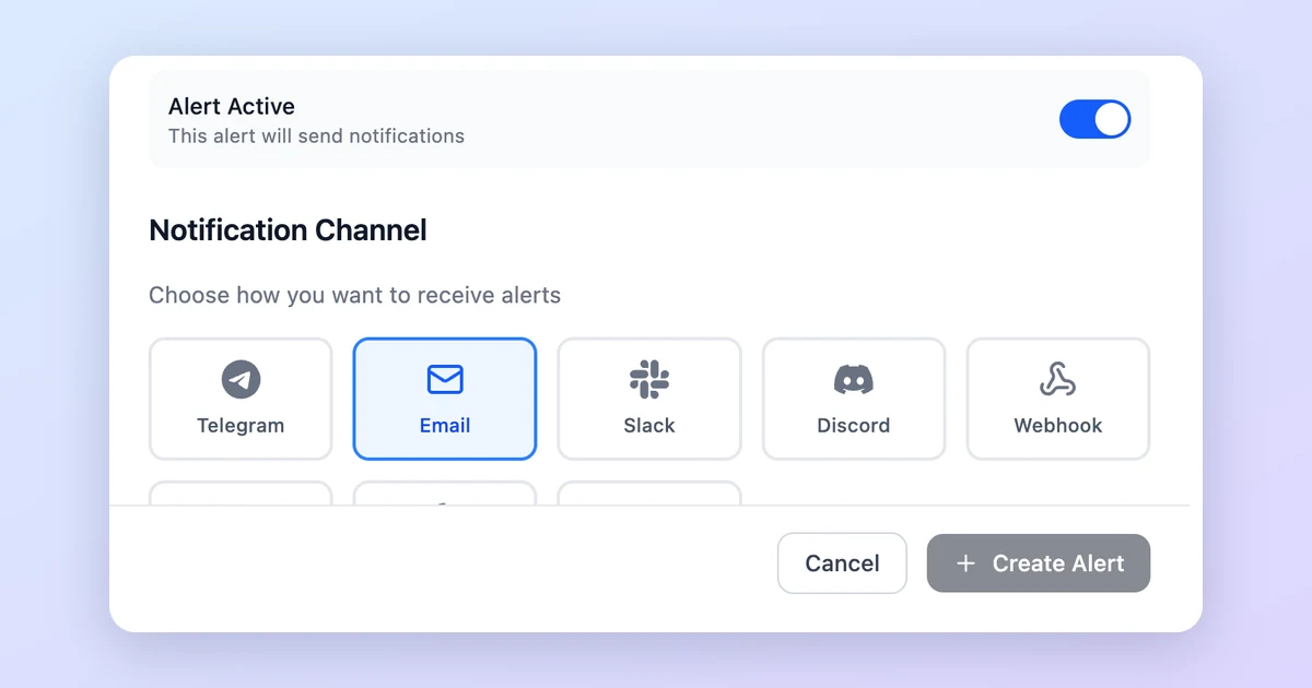 Create Alert form: the Notification Channel grid with Telegram, Email, Slack, Discord and Webhook above the Create Alert button