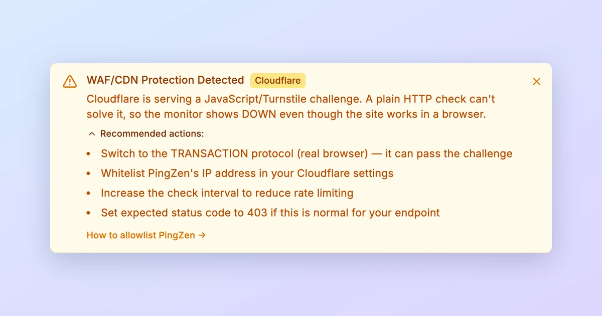 PingZen banner “WAF/CDN Protection Detected”: Cloudflare is serving a JavaScript/Turnstile challenge, with recommended actions below