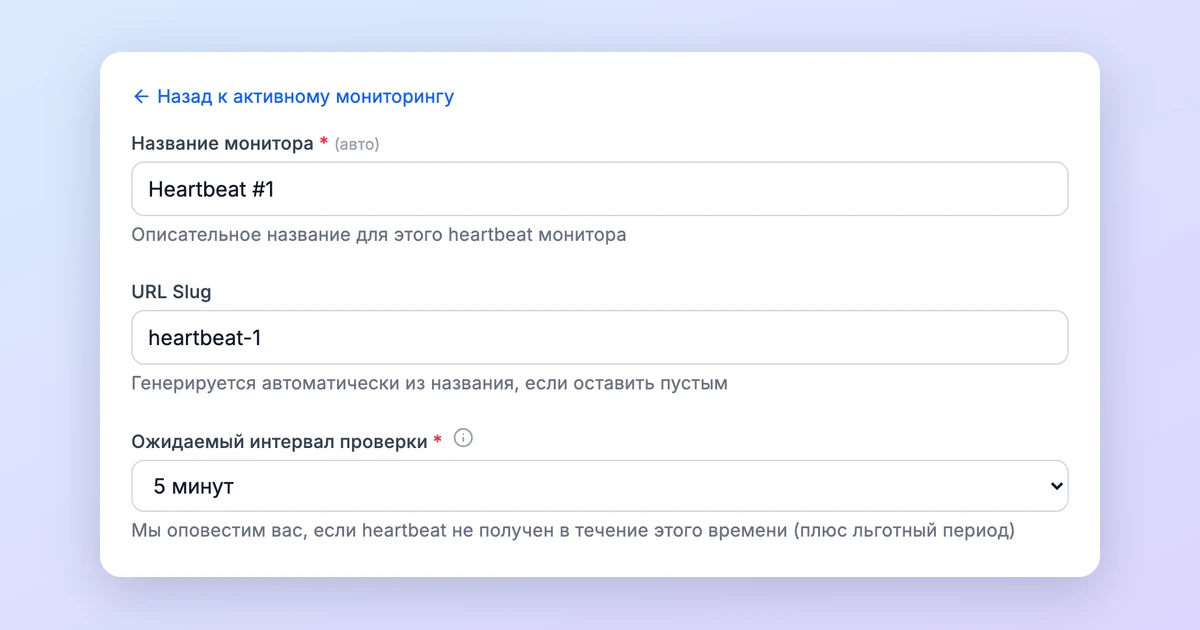 Форма нового heartbeat-монитора: название, URL slug и ожидаемый интервал проверки 5 минут