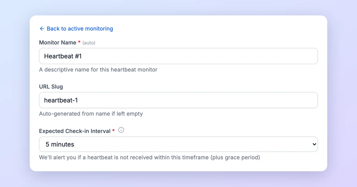 New heartbeat monitor form: a name, a URL slug and an expected check-in interval of 5 minutes