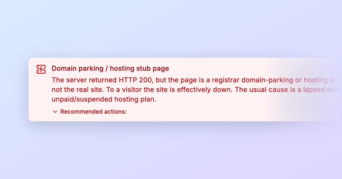PingZen banner “Domain parking / hosting stub page”: the server returned HTTP 200, but the page is a parking placeholder