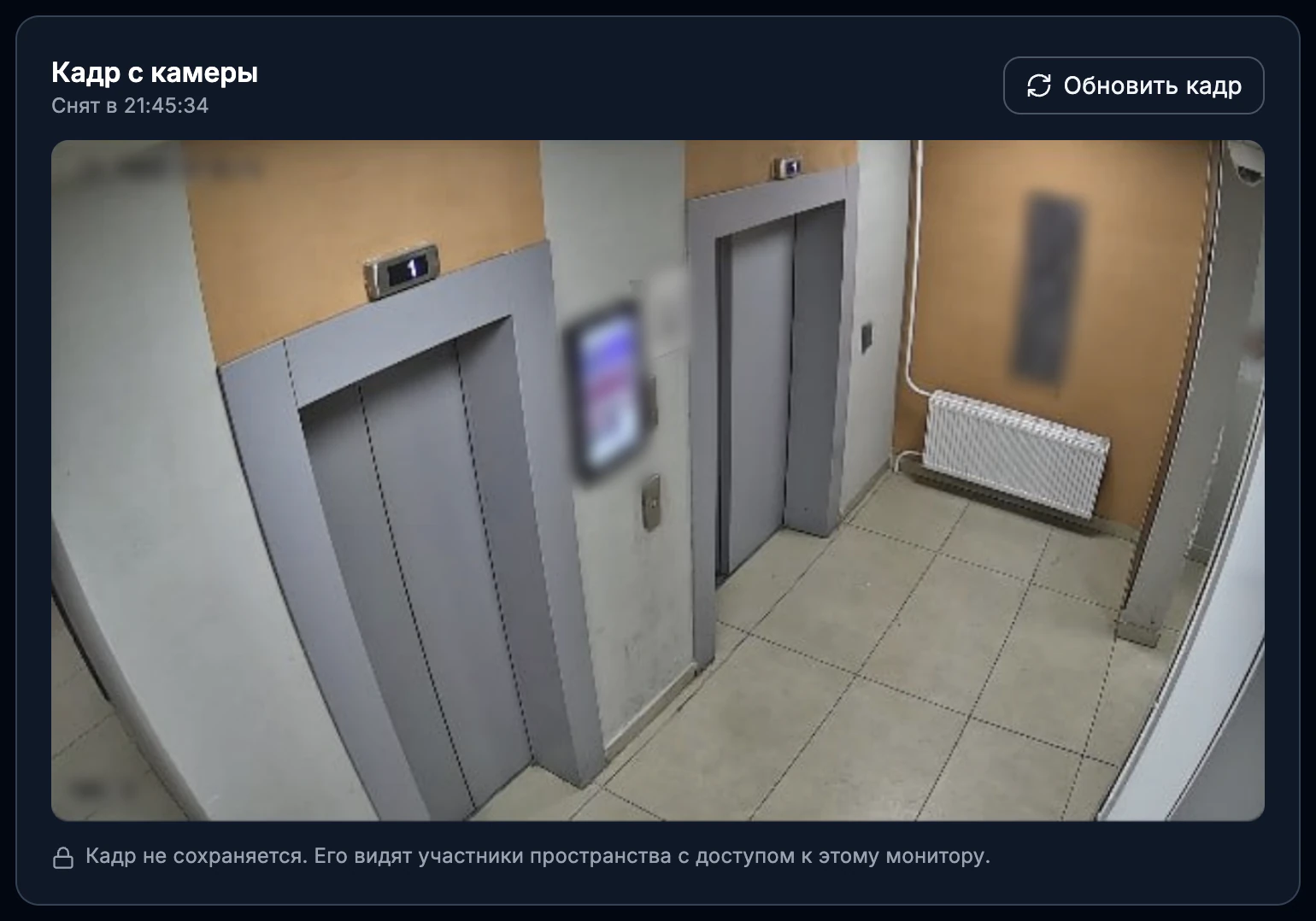 Карточка «Кадр с камеры» на странице монитора PingZen: лифтовой холл с двумя лифтами, кнопка «Обновить кадр» и пометка, что кадр не сохраняется