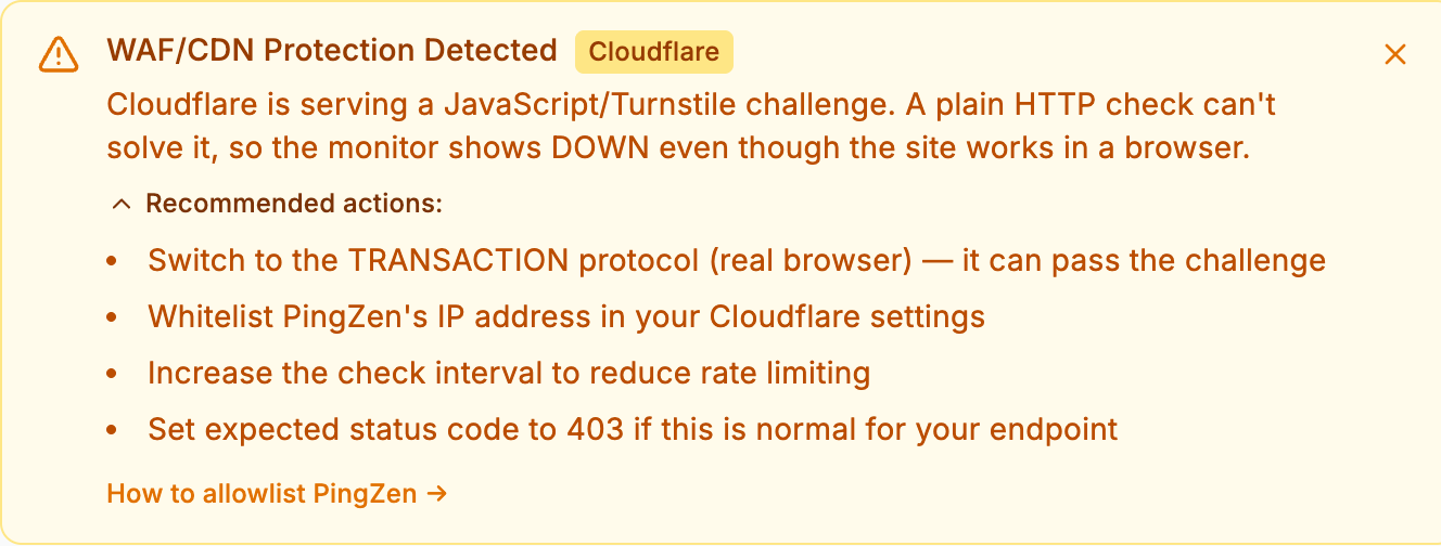 PingZen monitor banner explaining a Cloudflare JavaScript/Turnstile challenge with recommended actions