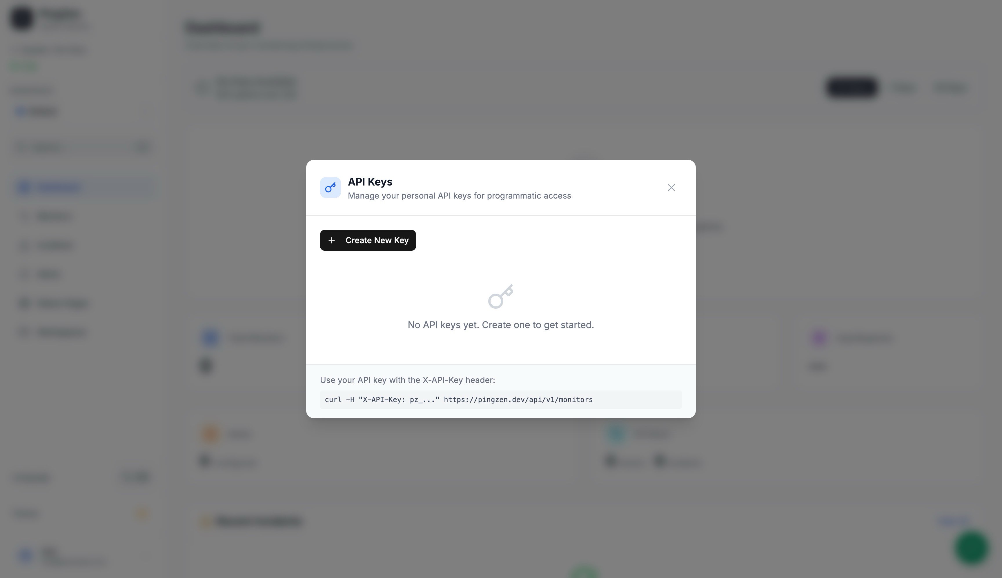 PingZen API Keys dialog