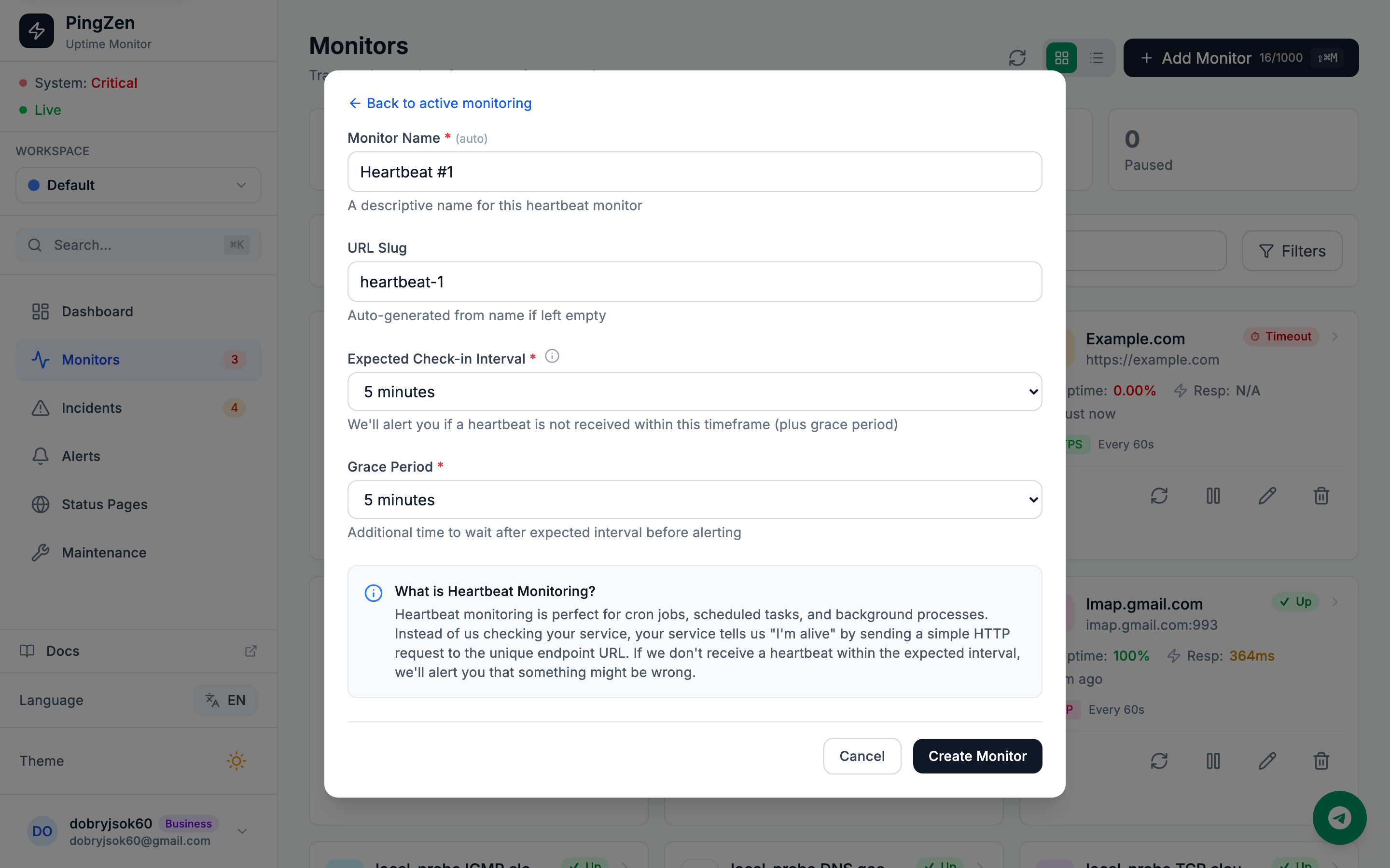 Create Heartbeat Monitor form: URL slug, expected check-in interval, grace period — describes how heartbeat monitoring works
