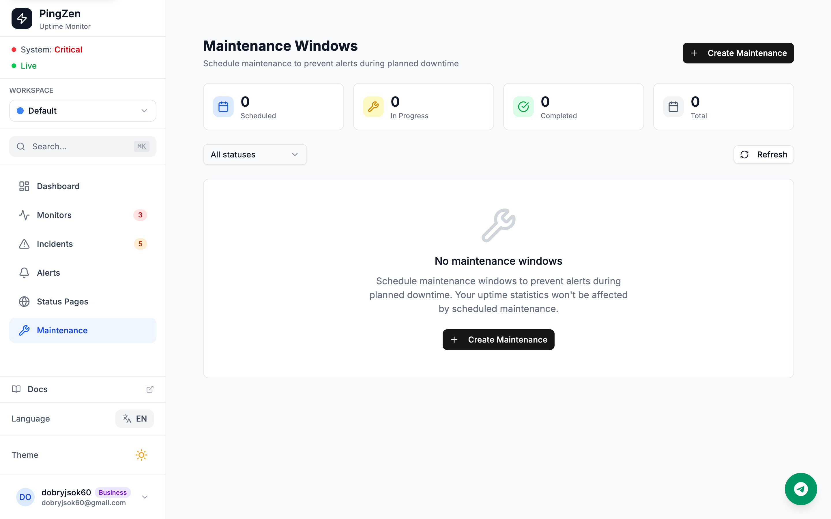 Maintenance windows page with scheduling options for planned downtime