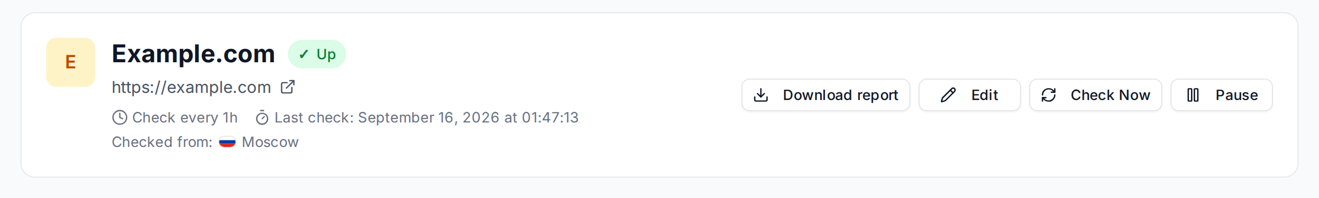 Monitor page header: the Download report button comes first in the row of actions, followed by Edit, Check Now and Pause