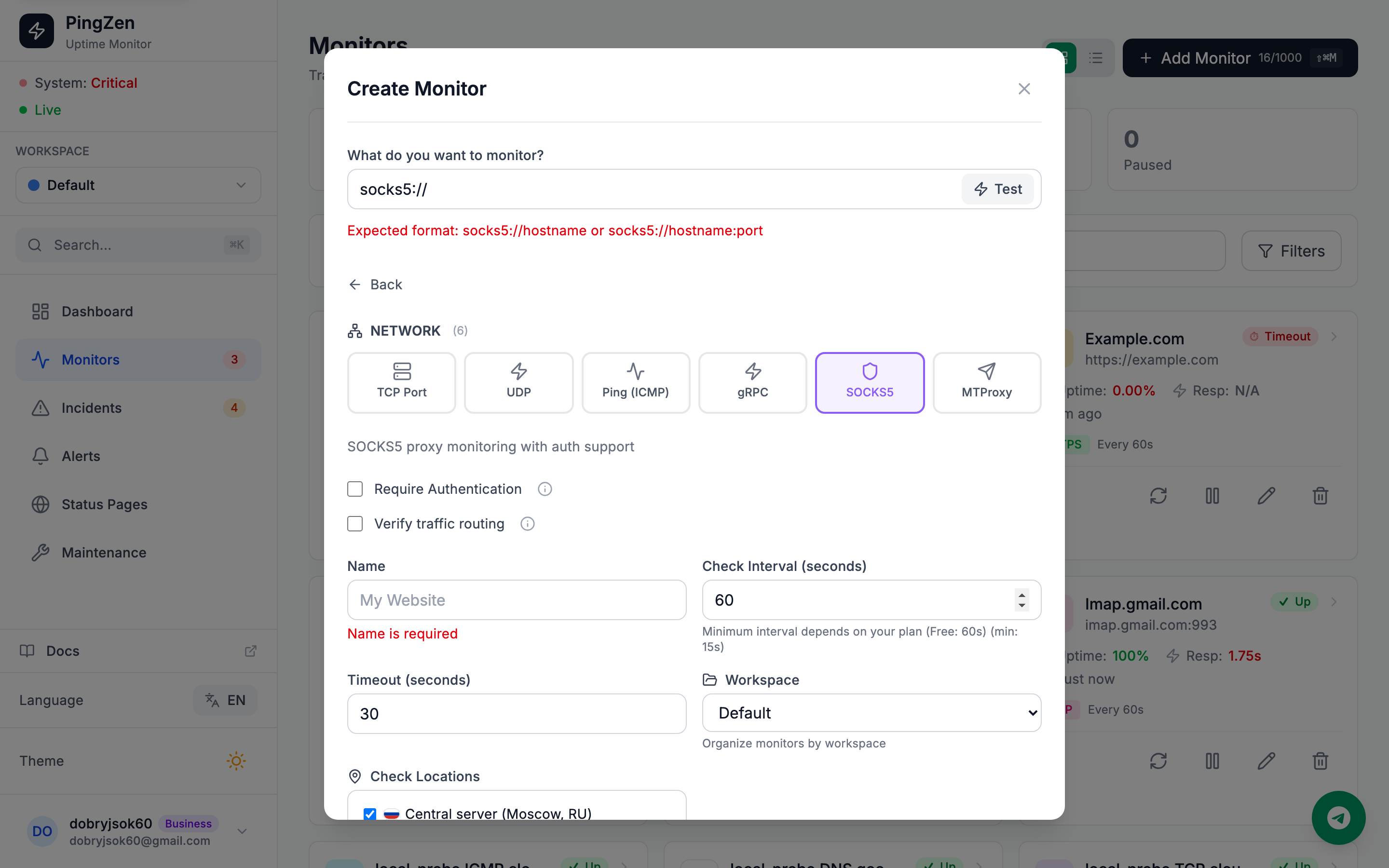 Create Monitor with SOCKS5 selected: socks5:// URL field, Require Authentication toggle, Verify traffic routing option