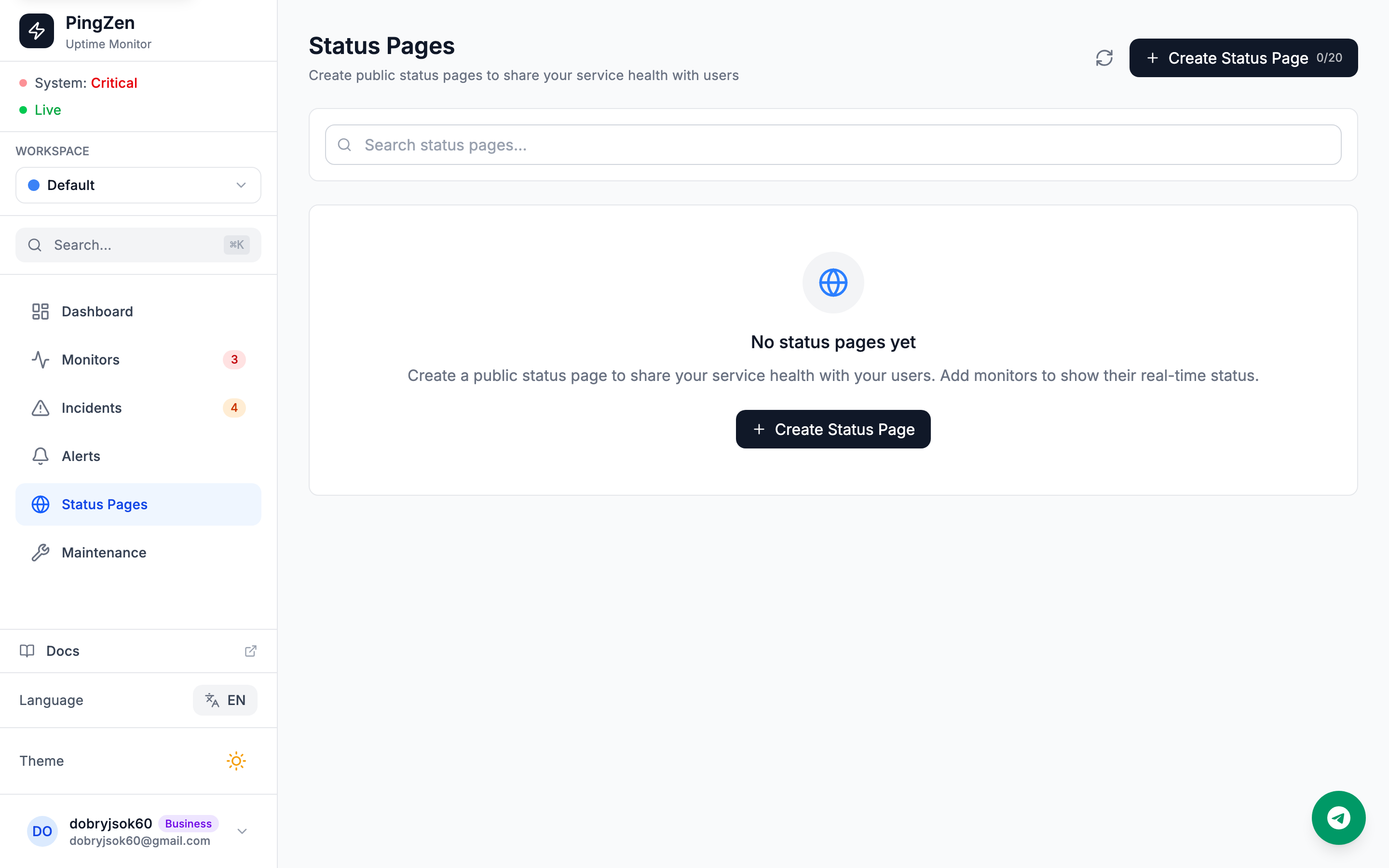 Status Pages section with the list of created public status pages and their settings