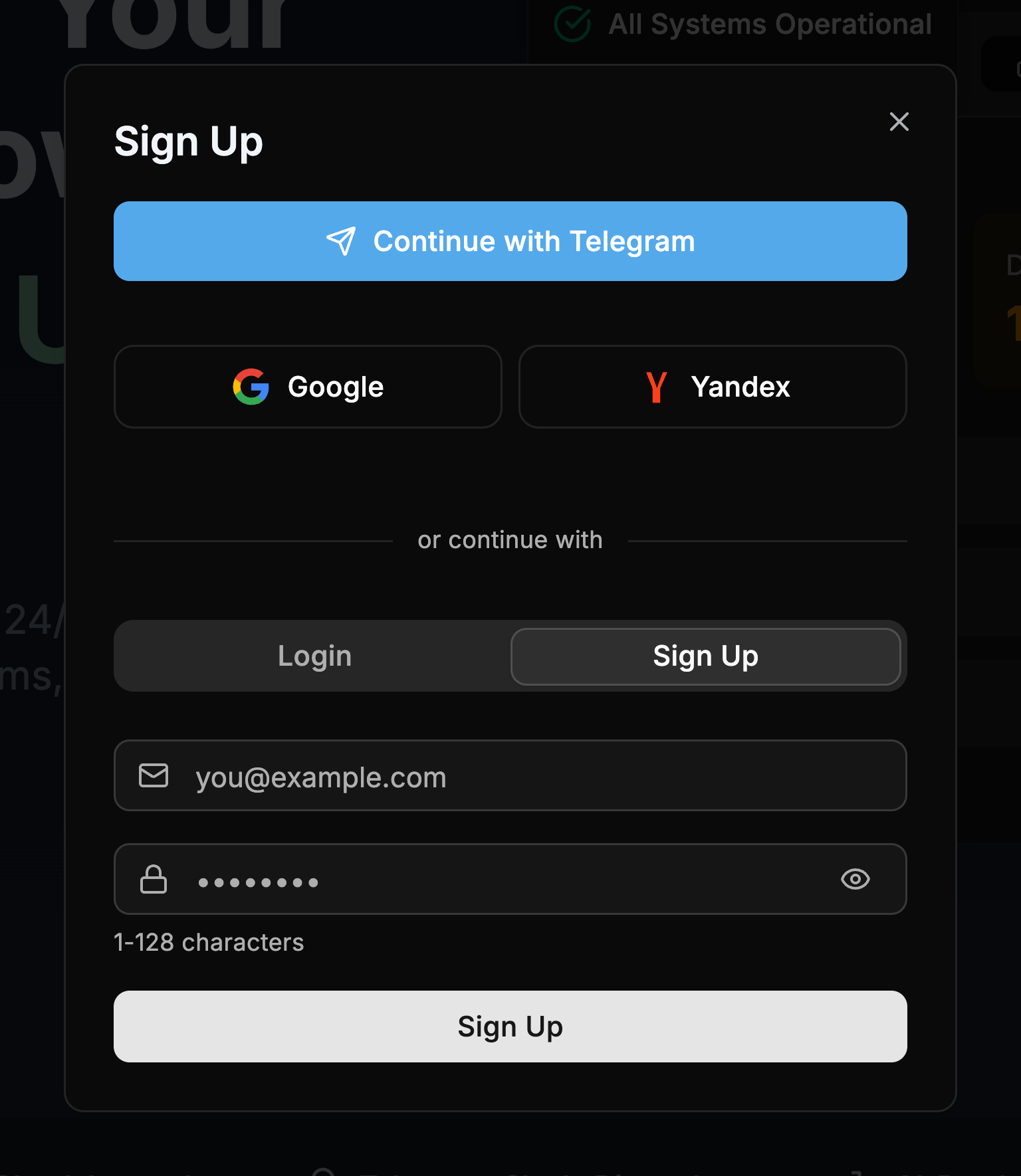 PingZen sign-up dialog: Telegram, Google, Yandex, or an email and password
