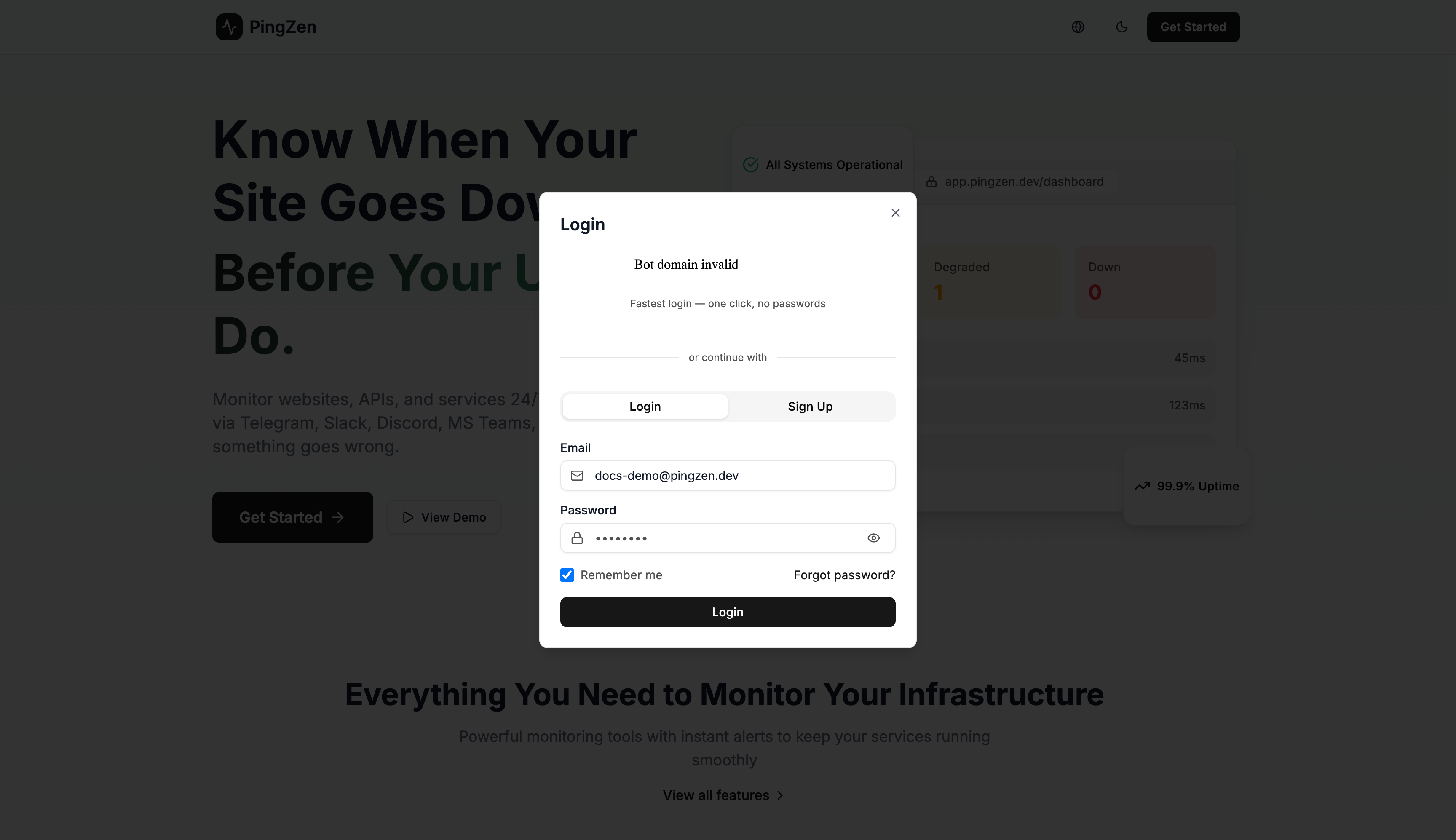 PingZen login modal with Telegram and email options