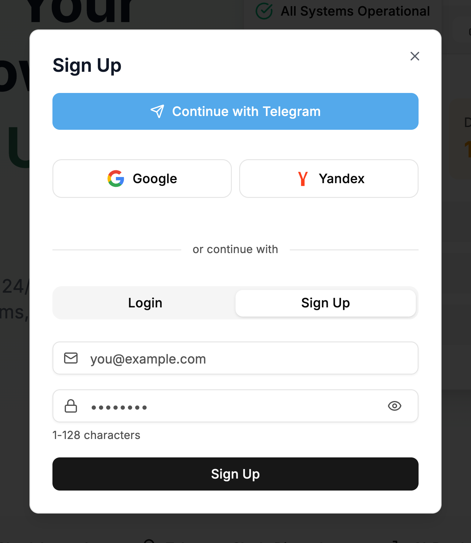 PingZen sign-up dialog: Telegram, Google, Yandex, or an email and password