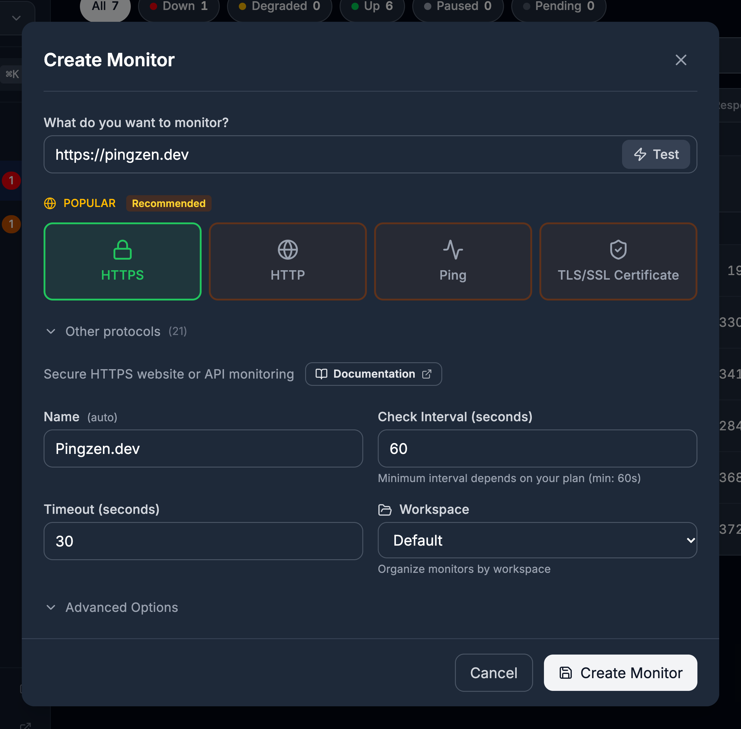 Create Monitor form: https://pingzen.dev, HTTPS protocol, the name filled in by itself