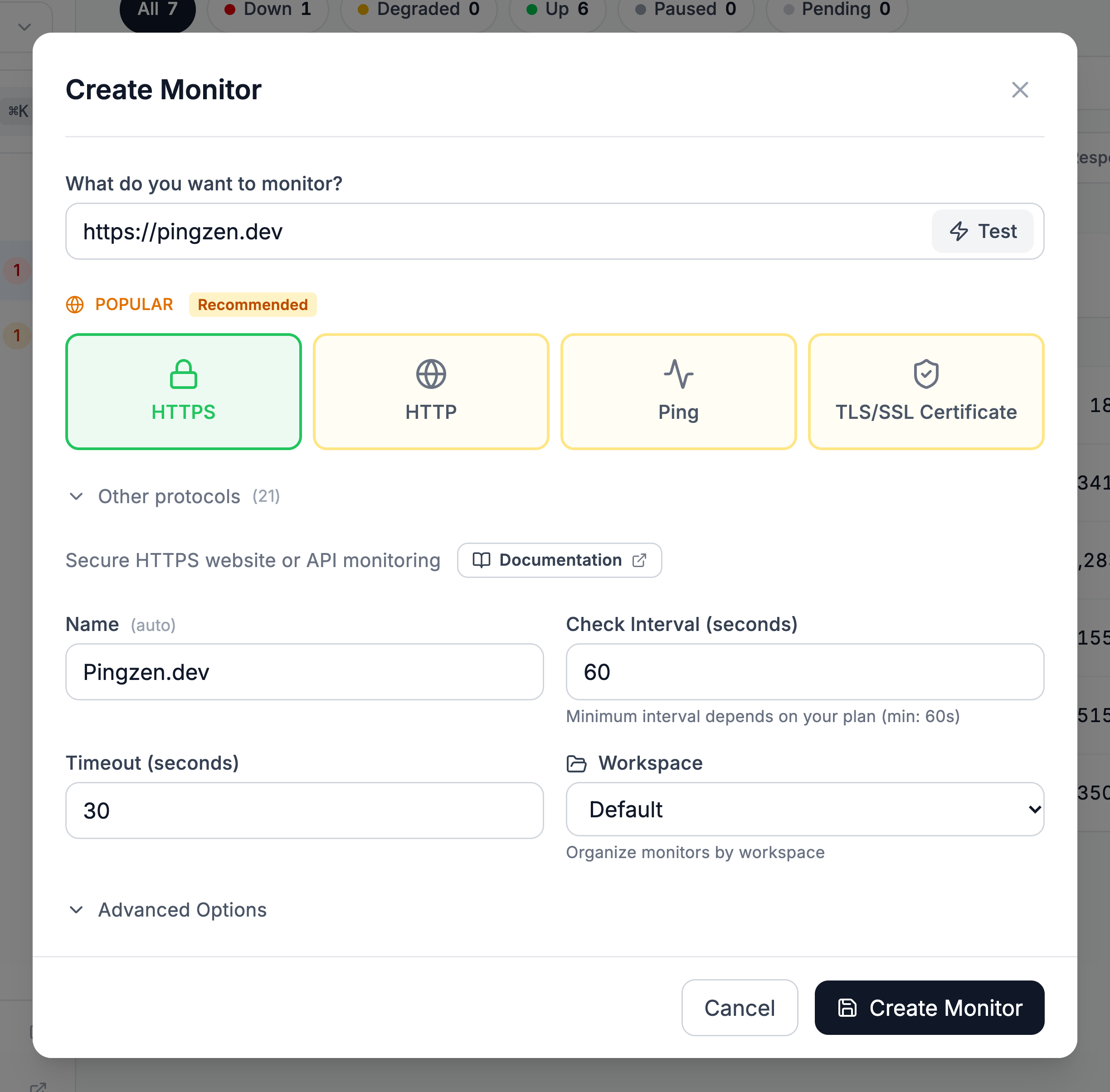 Create Monitor form: https://pingzen.dev, HTTPS protocol, the name filled in by itself