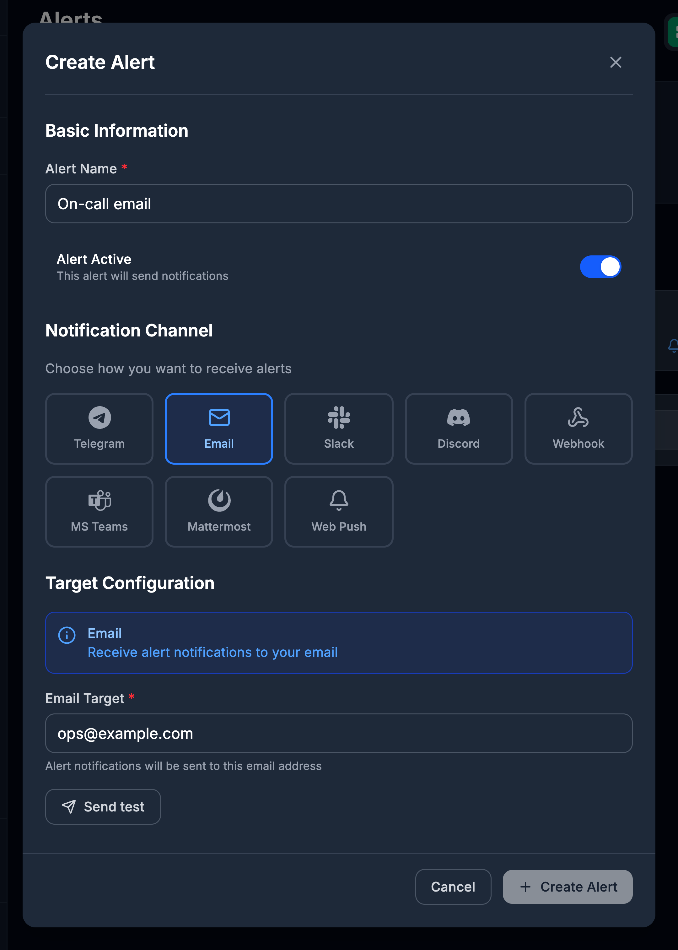 Create Alert form: the Email channel and the recipient address
