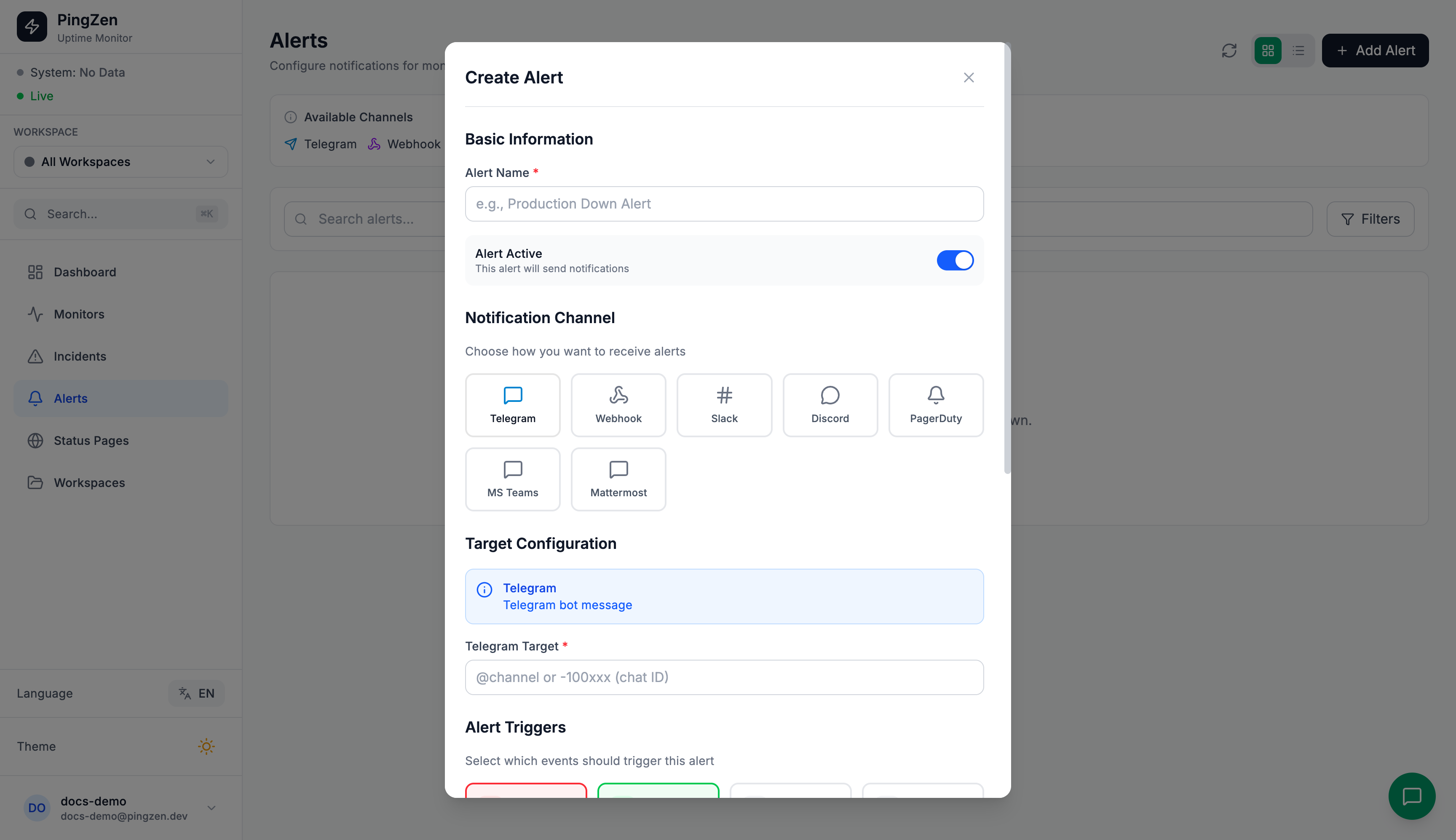 Alert configuration with multiple channels