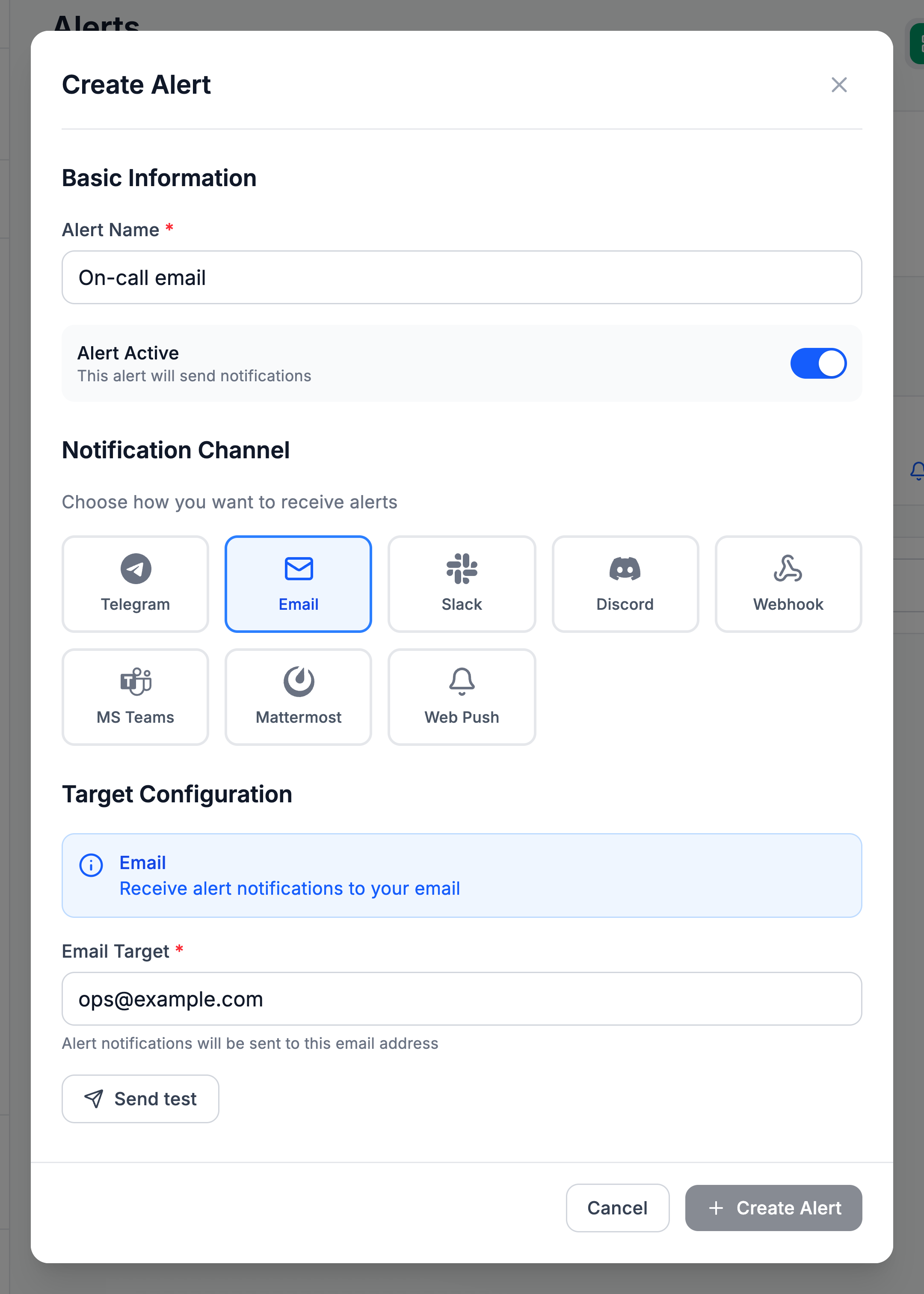 Create Alert form: the Email channel and the recipient address