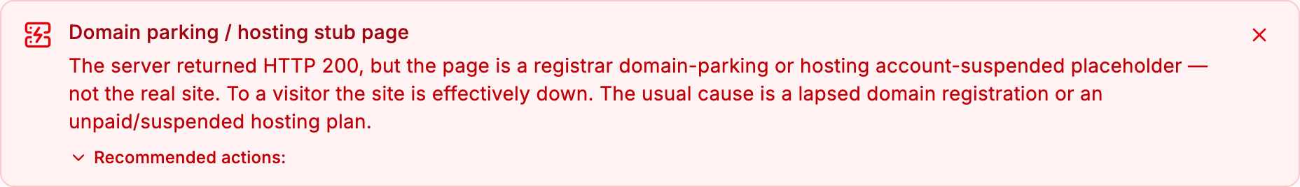 Monitor detail banner reading 'Domain parking / hosting stub page — the server returned HTTP 200, but the page is a registrar domain-parking or hosting account-suspended placeholder' with recommended actions