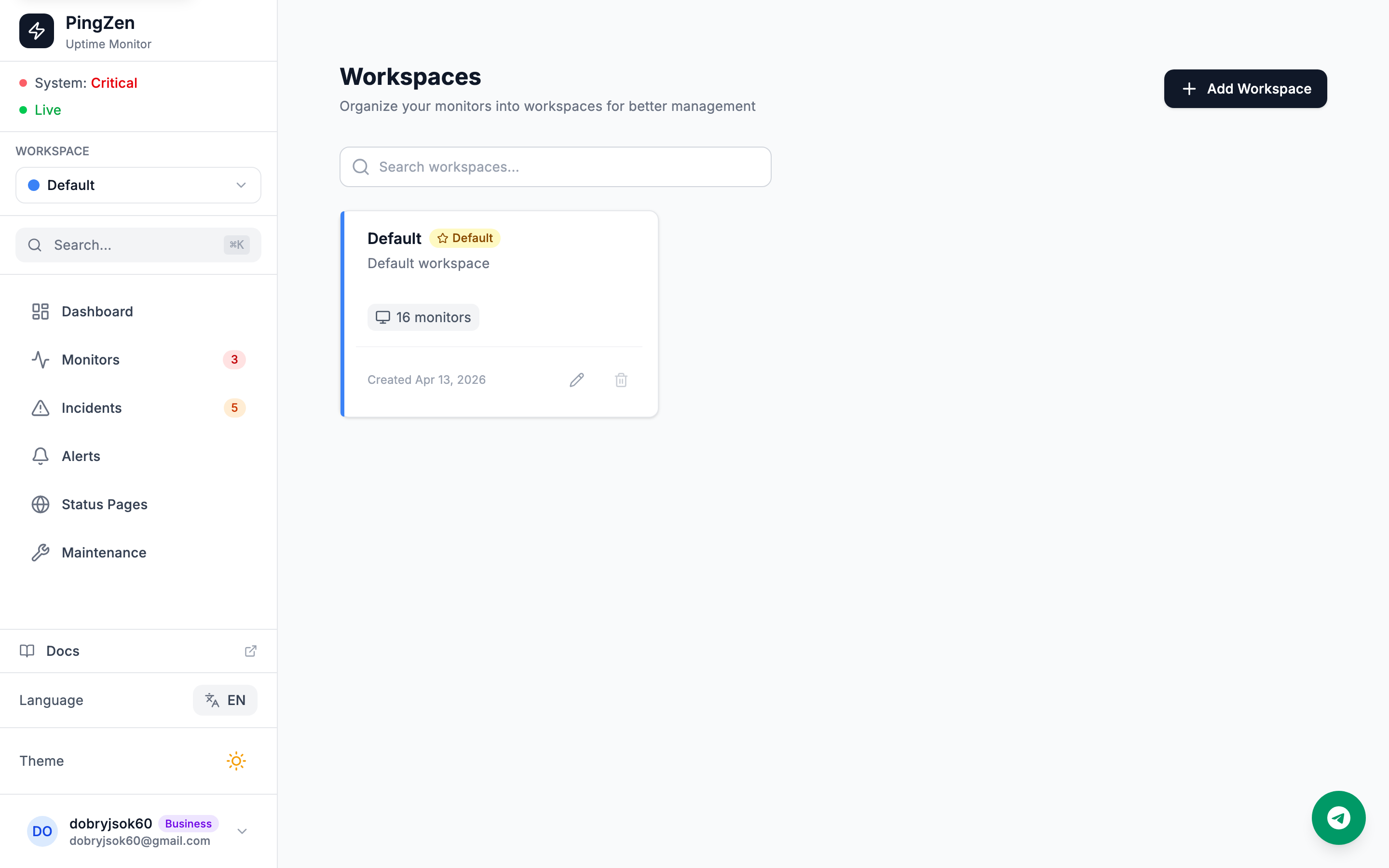 Workspaces page listing each workspace with its monitors, alerts, and members
