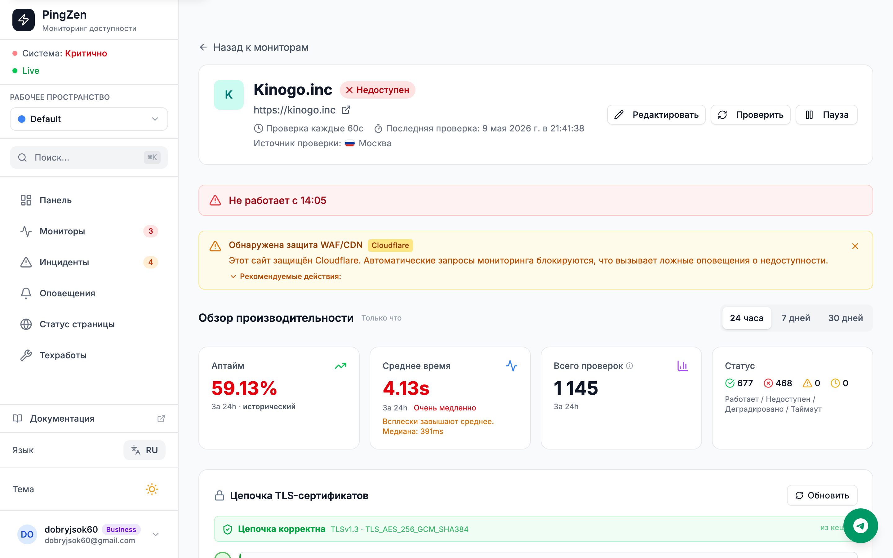 Деталь монитора с пометкой 'Обнаружена защита WAF/CDN — Cloudflare', цепочкой TLS-сертификатов и рекомендациями
