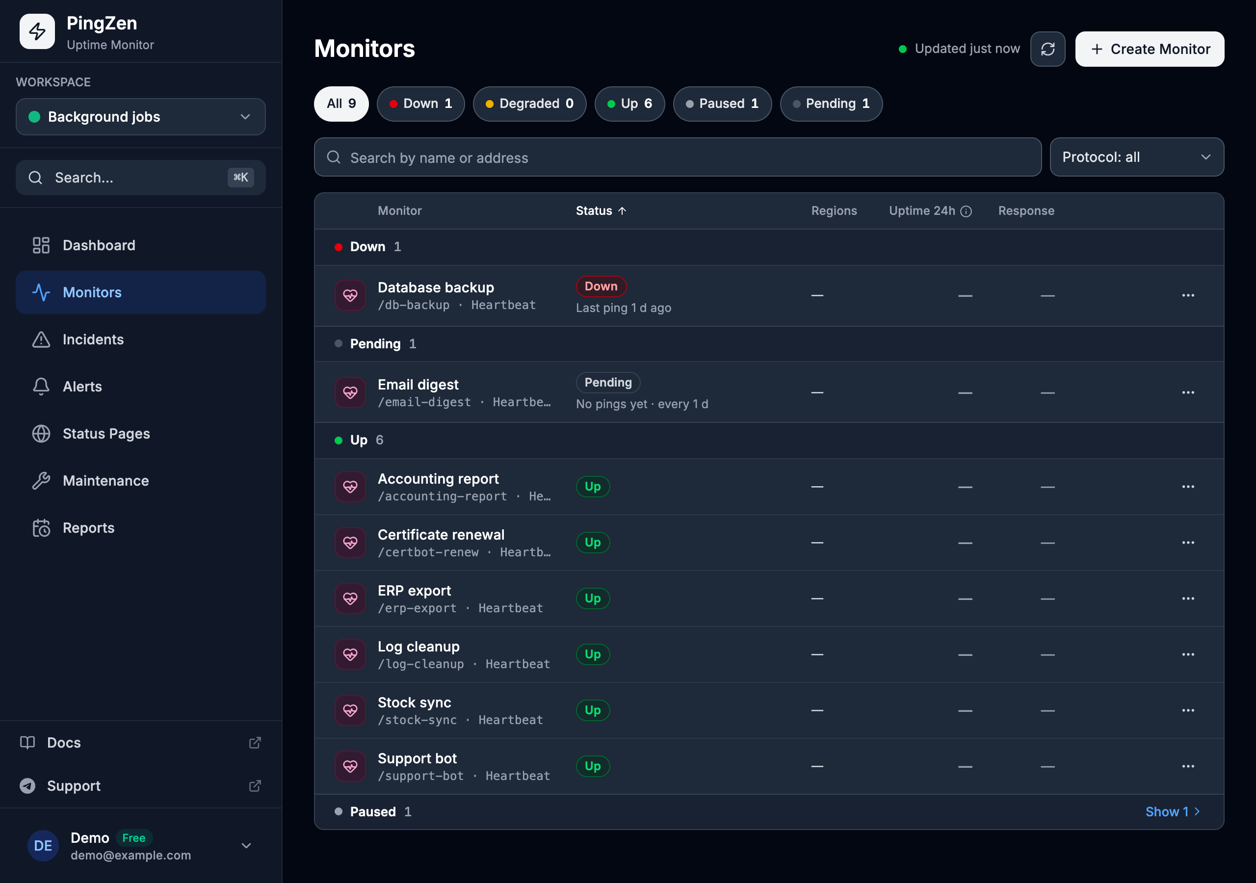 The PingZen monitors list with nine heartbeats: a database backup that missed its ping is down, an email digest is waiting for its first ping, the others are up