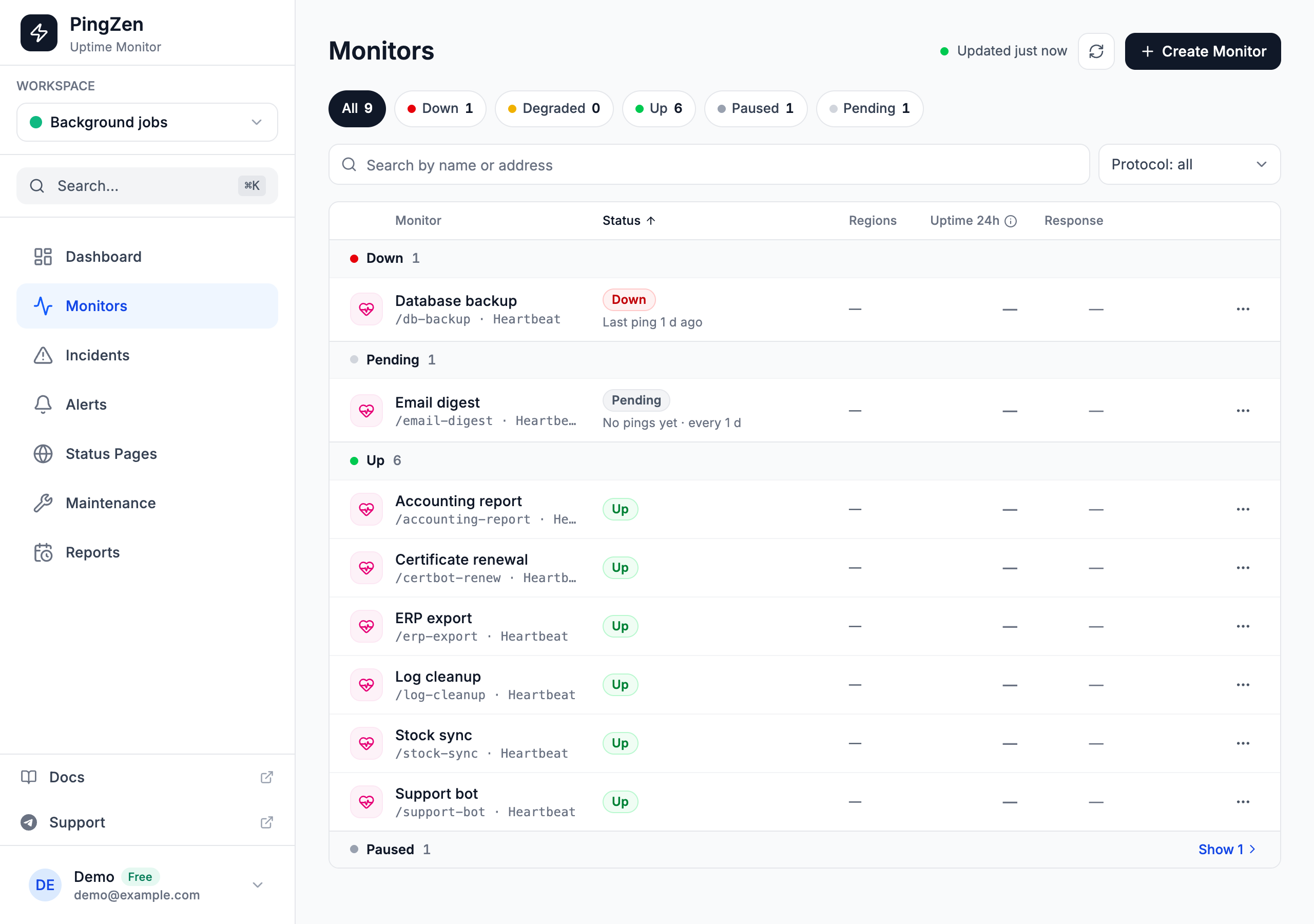 The PingZen monitors list with nine heartbeats: a database backup that missed its ping is down, an email digest is waiting for its first ping, the others are up