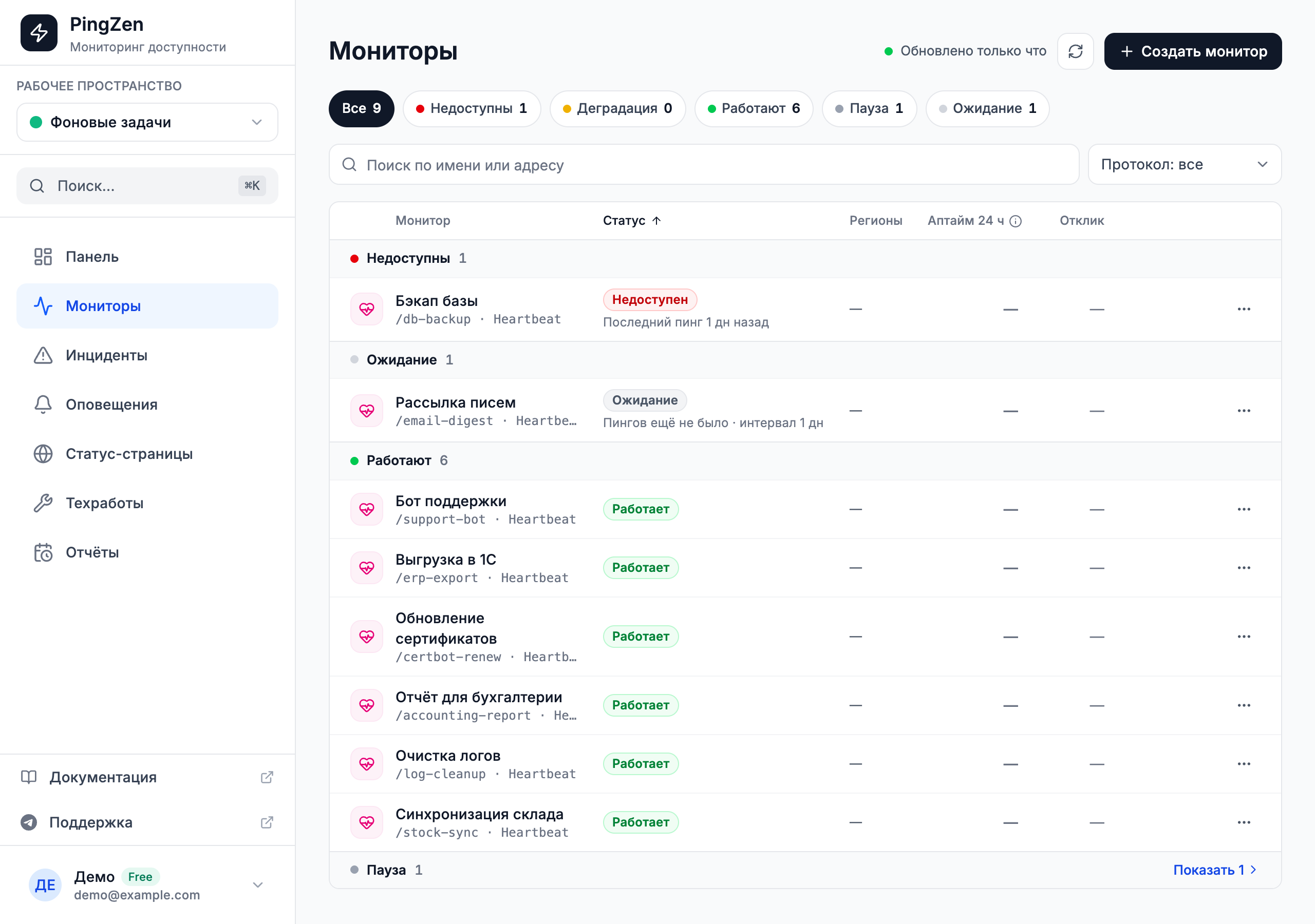 Список мониторов PingZen с девятью heartbeat: бэкап базы пропустил пинг и недоступен, рассылка писем ждёт первого пинга, остальные работают