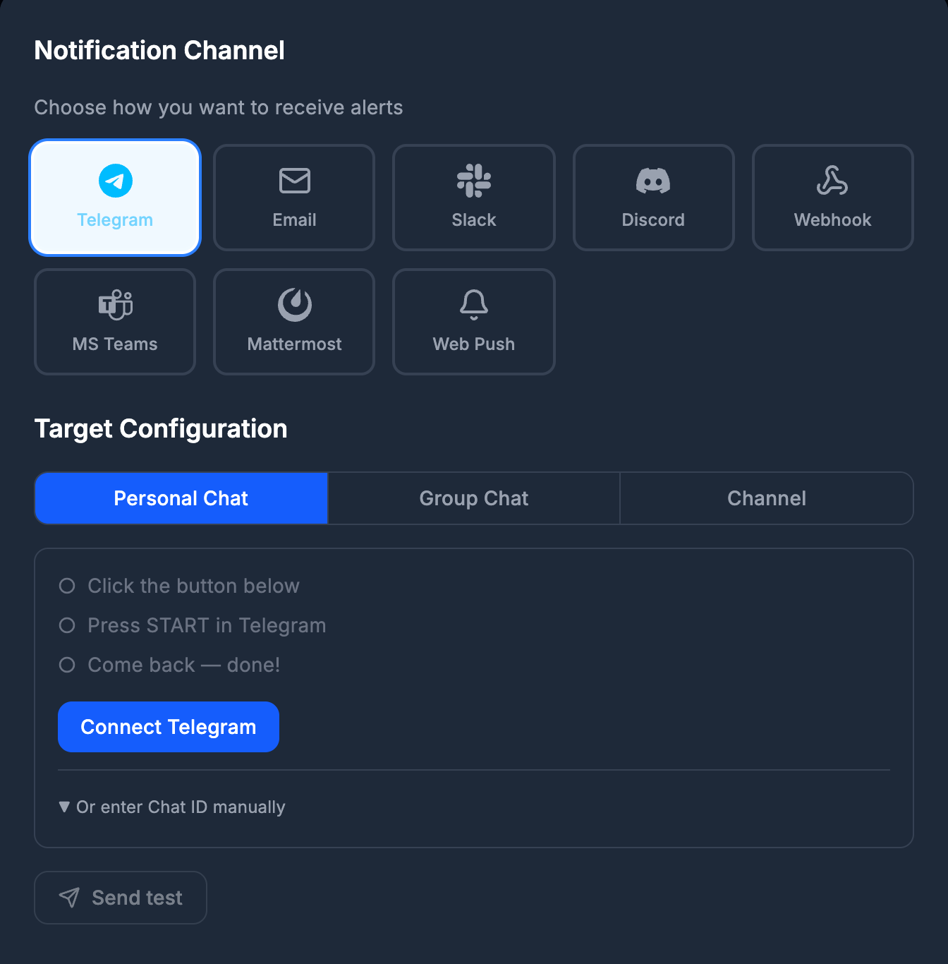 The PingZen alert form with Telegram chosen: personal chat, group or channel, the three connection steps, a Connect Telegram button and Send test