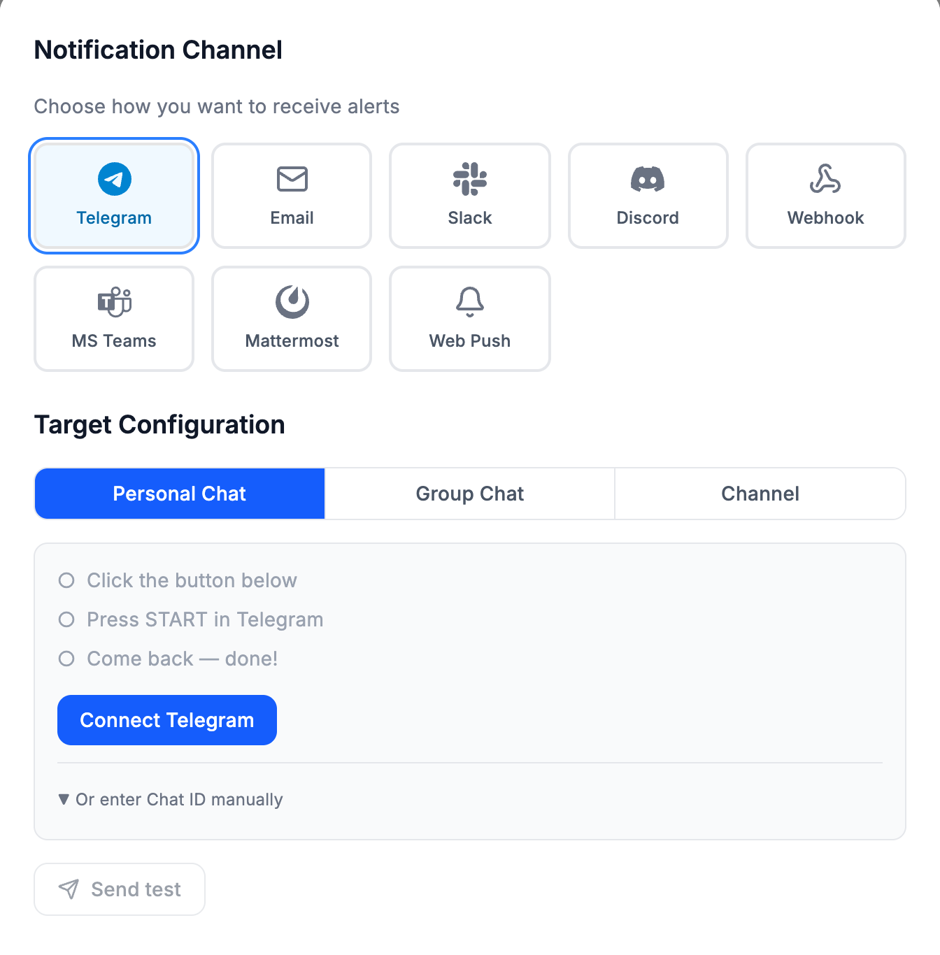 The PingZen alert form with Telegram chosen: personal chat, group or channel, the three connection steps, a Connect Telegram button and Send test