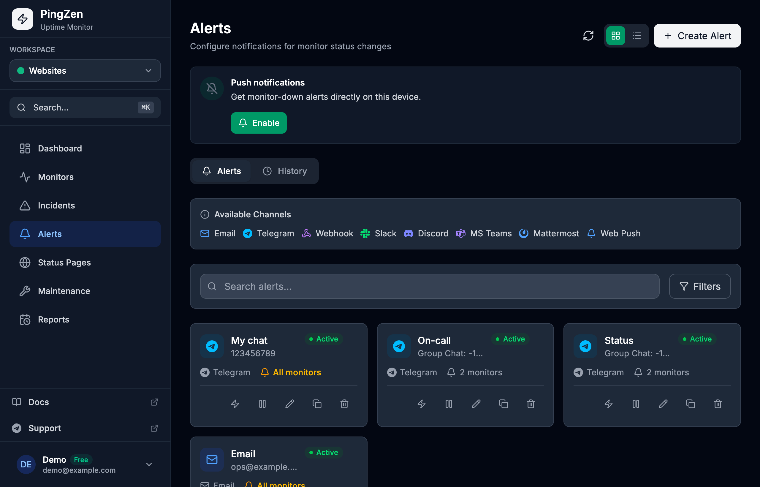 The PingZen alerts page: three alerts going to Telegram — a personal chat, an on-call group and a status channel — and one to email