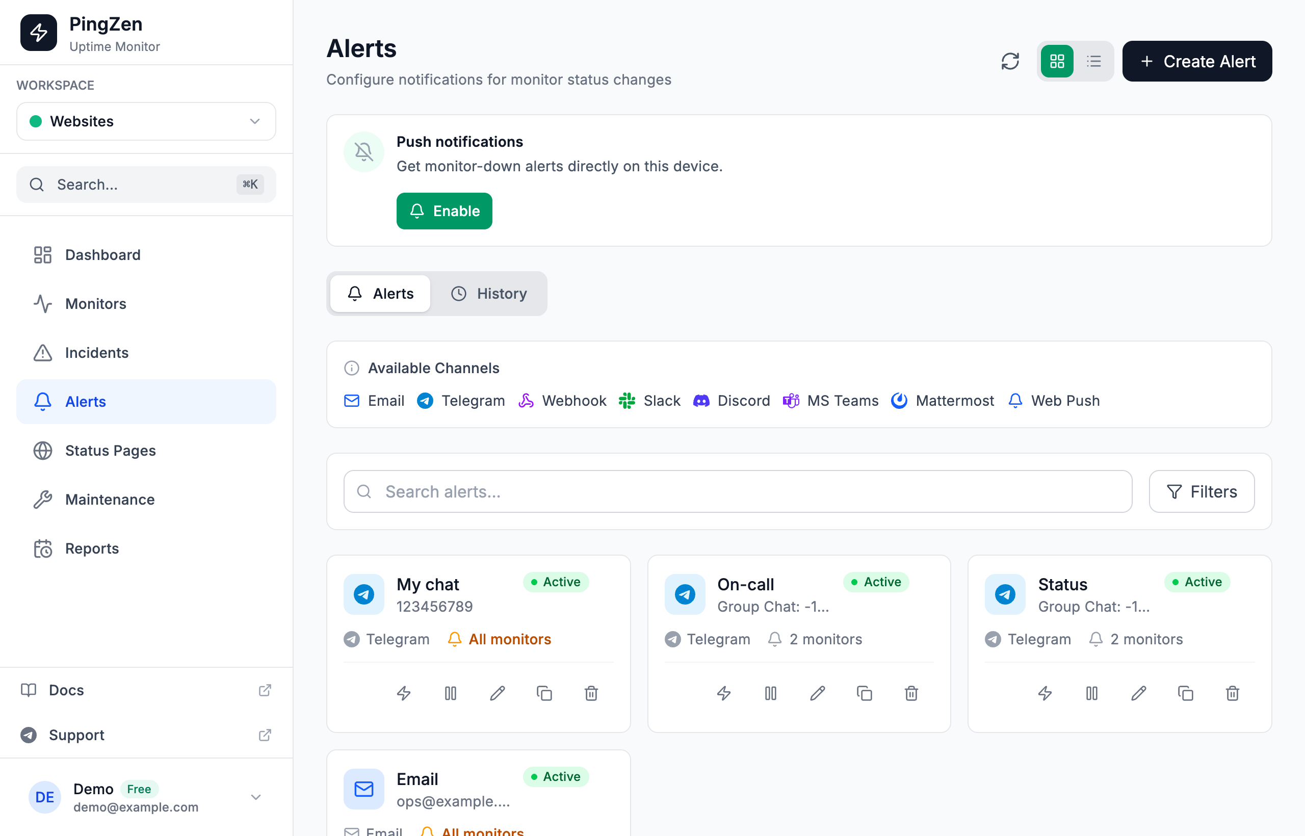 The PingZen alerts page: three alerts going to Telegram — a personal chat, an on-call group and a status channel — and one to email
