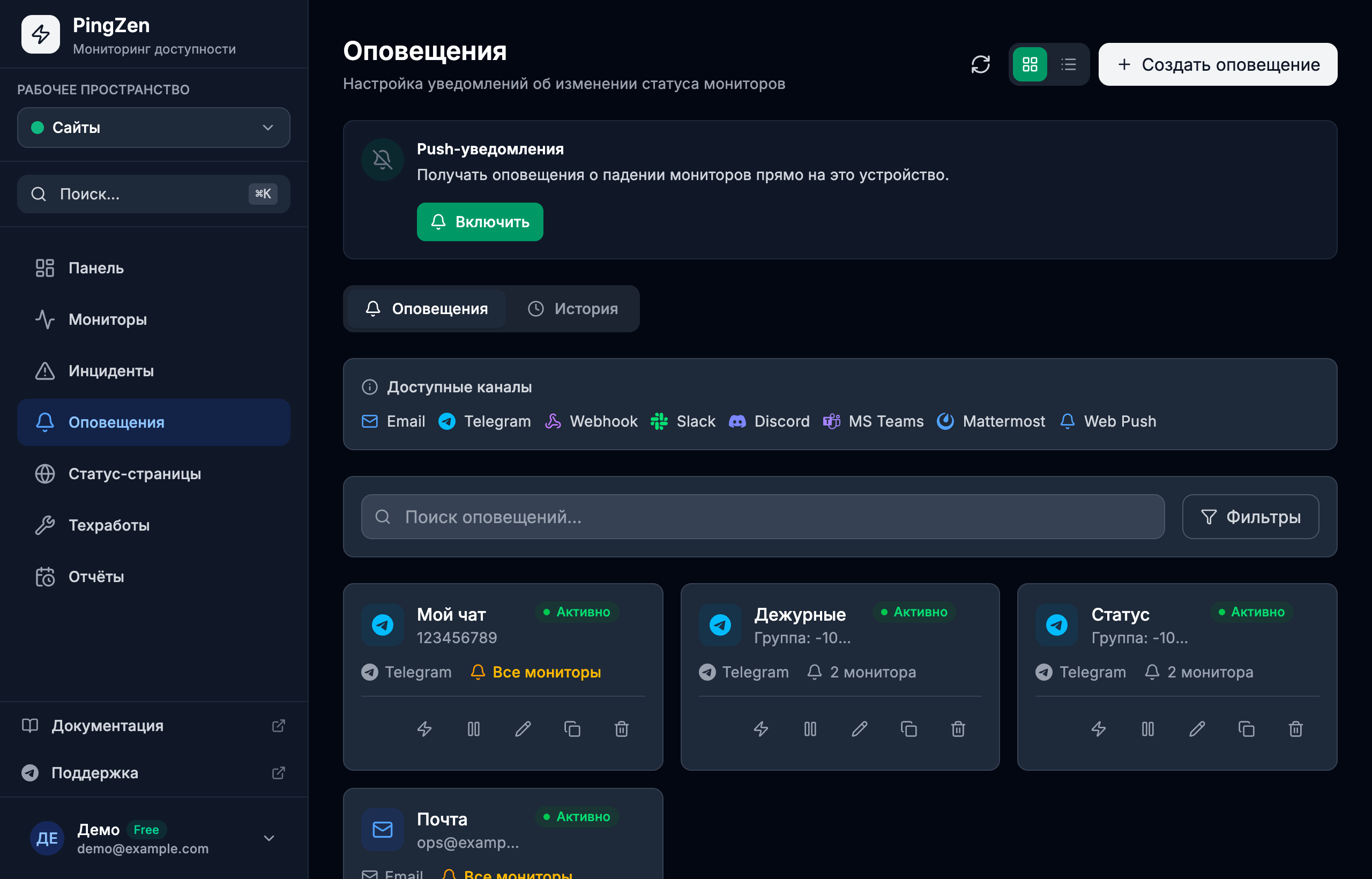 Страница оповещений PingZen: три оповещения в Telegram — личный чат, группа дежурных и канал статуса — и одно на почту