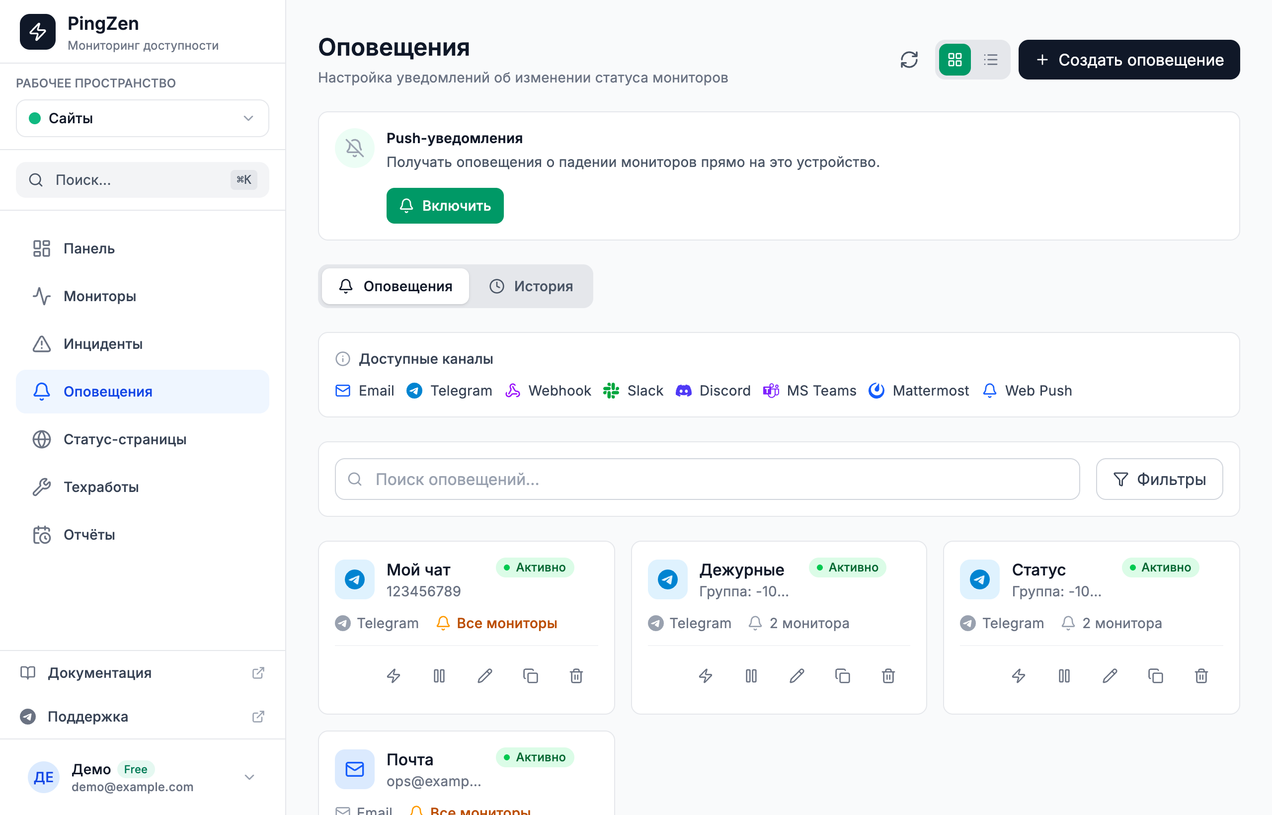 Страница оповещений PingZen: три оповещения в Telegram — личный чат, группа дежурных и канал статуса — и одно на почту